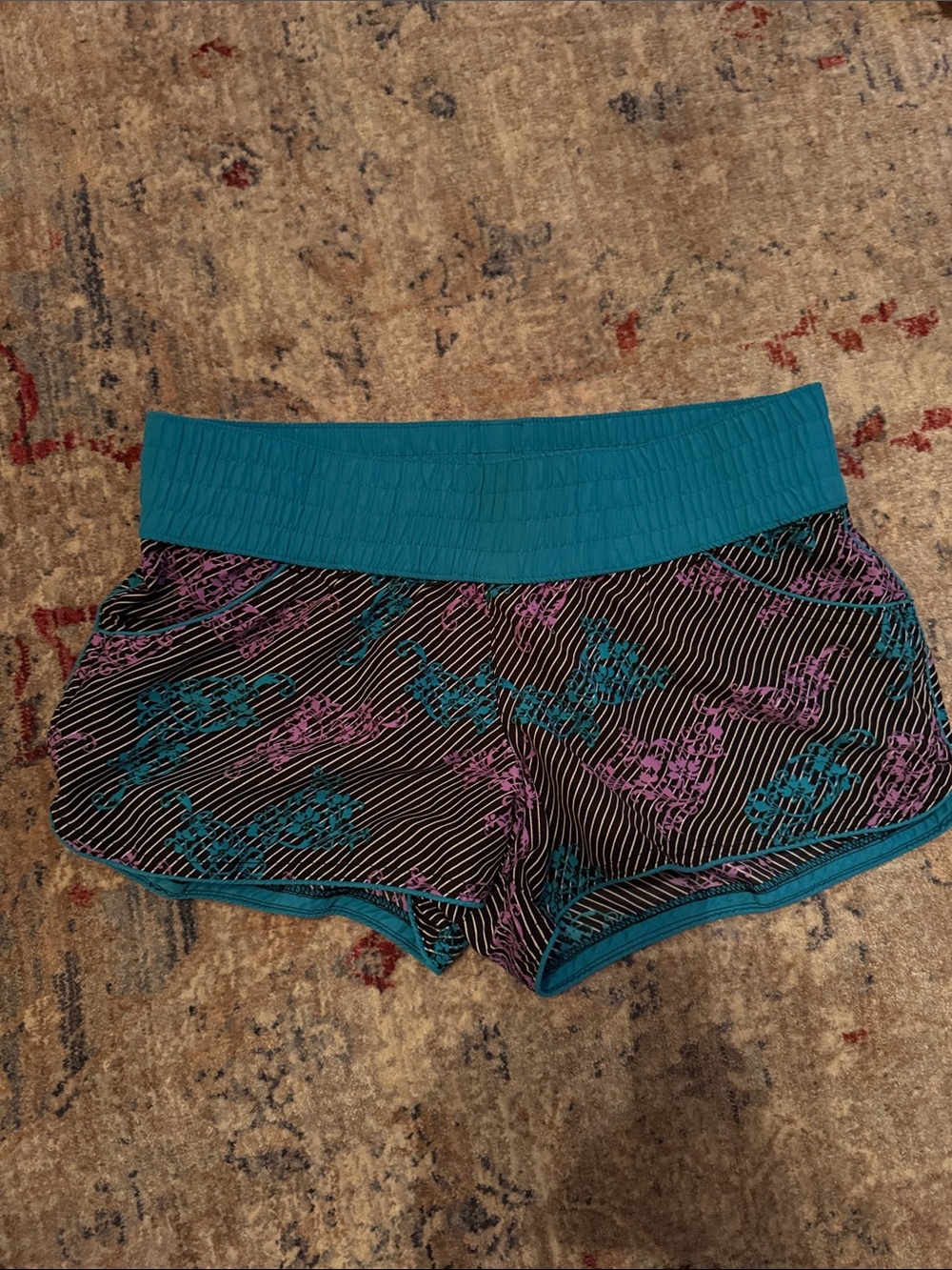 Xhilaration Teal & Black Board/swim Shorts with Teal and Purple Floral Print